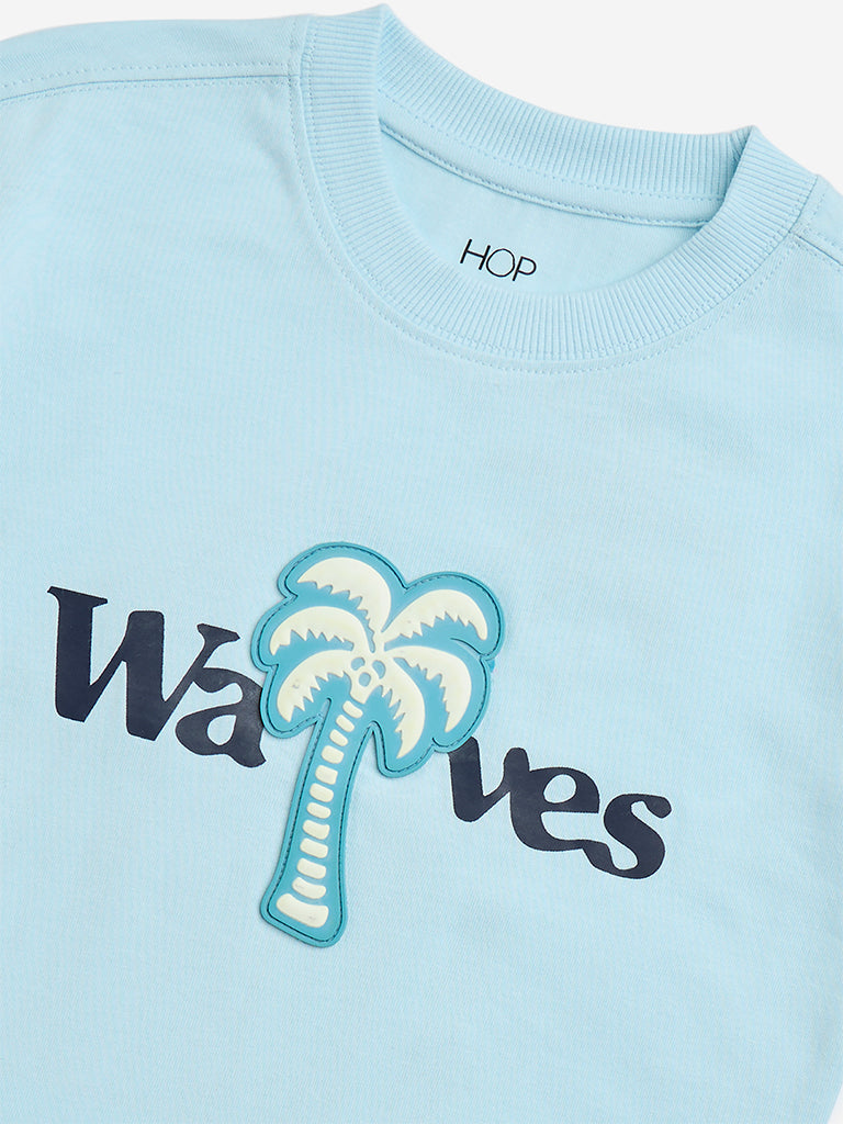 HOP Kids Blue Tropical Printed Cotton T-Shirt - Image 3