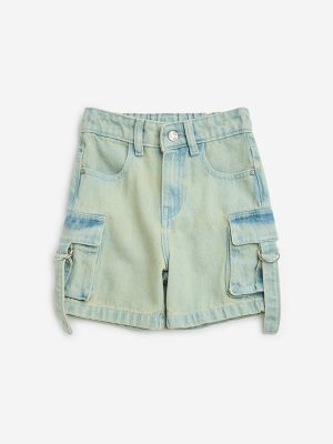 HOP Kids Blue Cargo-Style Mid-Rise Denim Shorts