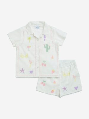 HOP Kids White Embroidered Cotton Shirt & Shorts Set