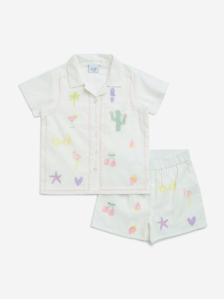 HOP Kids White Embroidered Cotton Shirt & Shorts Set