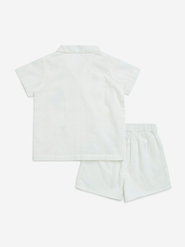 HOP Kids White Embroidered Cotton Shirt & Shorts Set - Image 2
