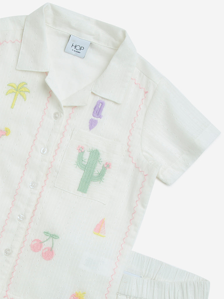 HOP Kids White Embroidered Cotton Shirt & Shorts Set - Image 3