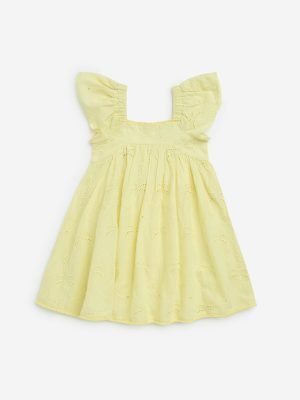 HOP Kids Yellow Tropical Embroidered Cotton A-Line Dress