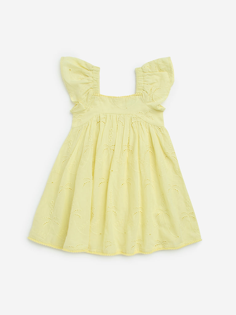 HOP Kids Yellow Tropical Embroidered Cotton A-Line Dress