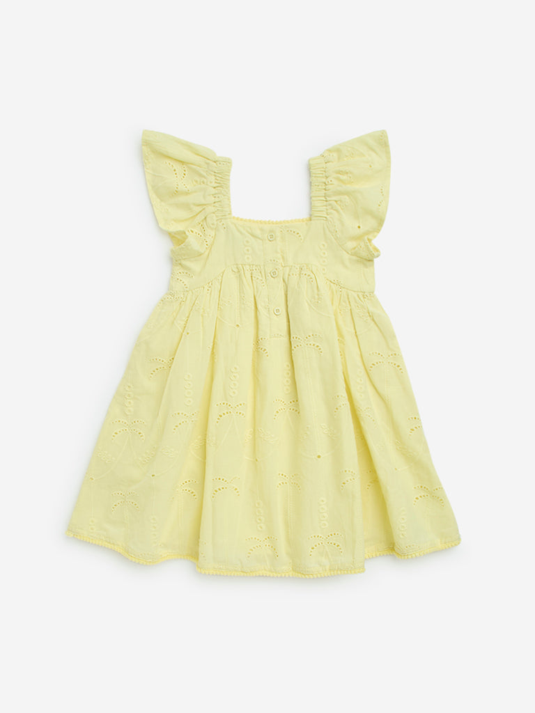 HOP Kids Yellow Tropical Embroidered Cotton A-Line Dress - Image 2