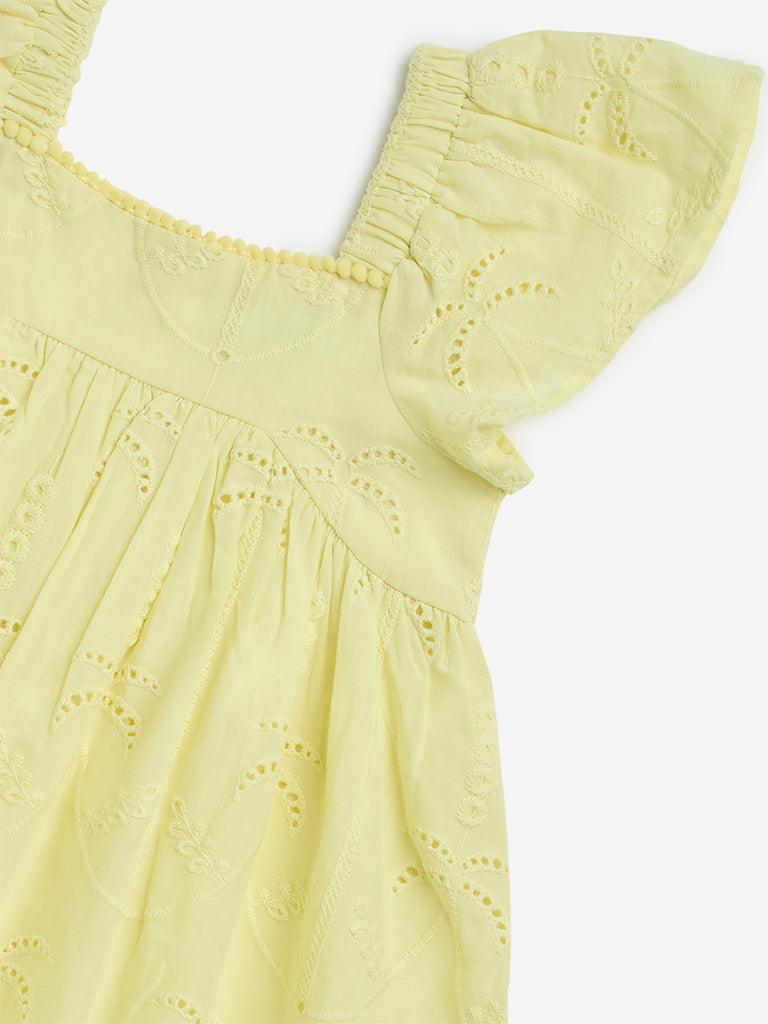 HOP Kids Yellow Tropical Embroidered Cotton A-Line Dress - Image 3
