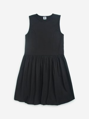 Y&F Kids Black Pleated Cotton-Blend A-Line Dress