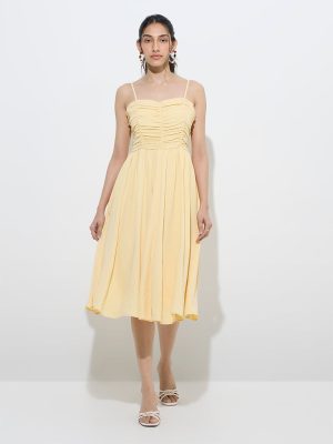 LOV Yellow Pleated Fit-and-Flare Dress