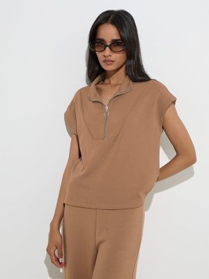 LOV Brown Solid Quarter Zip Top