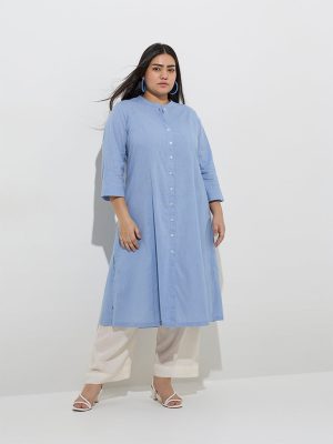 Diza Blue Solid Cotton A-Line Kurta