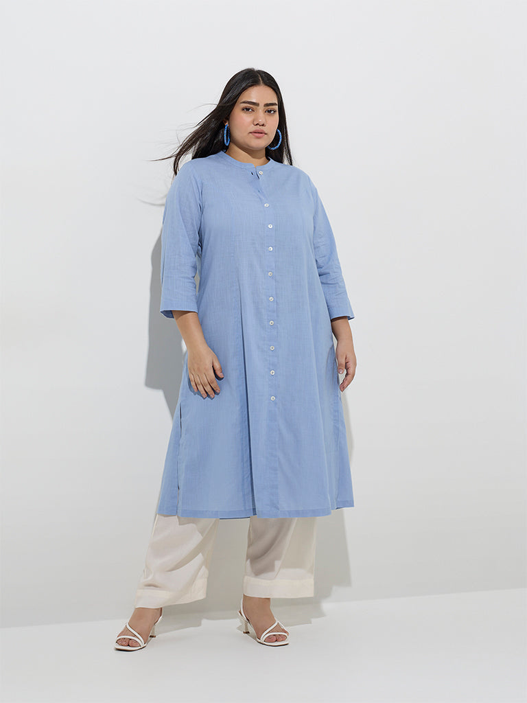 Diza Blue Solid Cotton A-Line Kurta