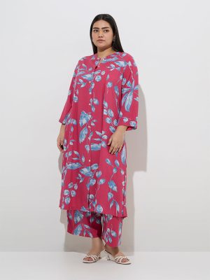 Diza Magenta Botanical Printed A-Line Kurta