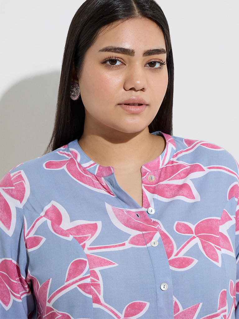 Diza Light Blue Floral Design A-Line Kurta - Image 2