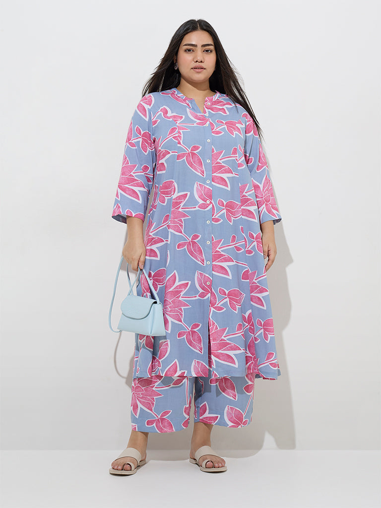 Diza Light Blue Floral Design A-Line Kurta - Image 3
