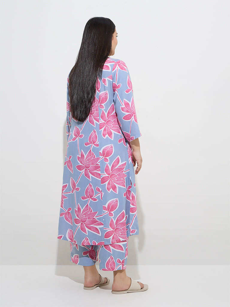 Diza Light Blue Floral Design A-Line Kurta - Image 4
