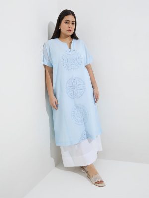 Diza Light Blue Schiffli Detailed Cotton A-Line Kurta