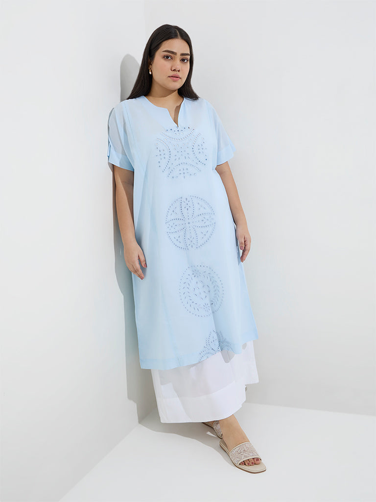 Diza Light Blue Schiffli Detailed Cotton A-Line Kurta