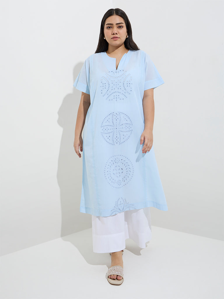 Diza Light Blue Schiffli Detailed Cotton A-Line Kurta - Image 3
