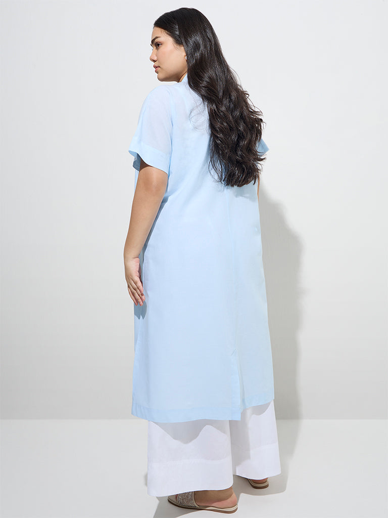 Diza Light Blue Schiffli Detailed Cotton A-Line Kurta - Image 4