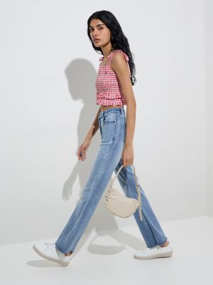 Nuon Blue Faded Straight-Fit High-Rise Jeans