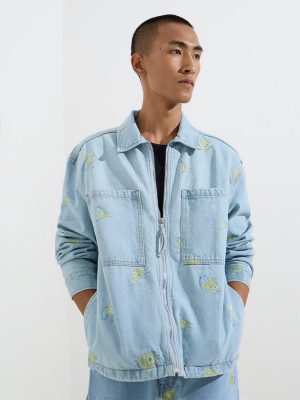 Nuon Light Blue Embroidered Relaxed-Fit Denim Jacket