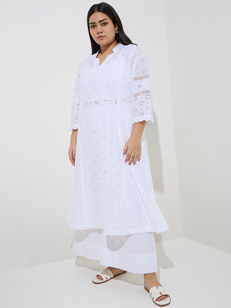 Diza White Floral Schiffli Detailed Cotton Kurta