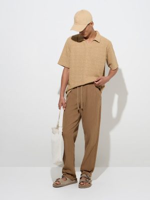 ETA Brown Self-Striped Relaxed-Fit Mid-Rise Cotton Chinos