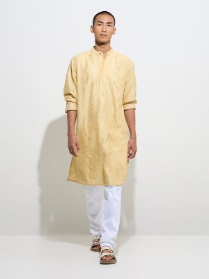 Mens Ethnicwear Light Yellow Relaxed-Fit Cotton Kurta