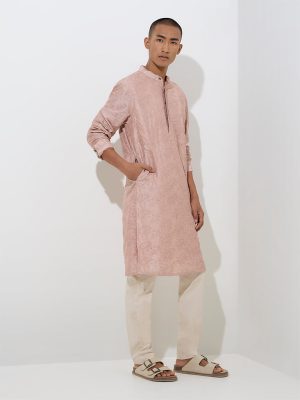 Mens Ethnicwear Pink Embroidered Relaxed-Fit Cotton Kurta