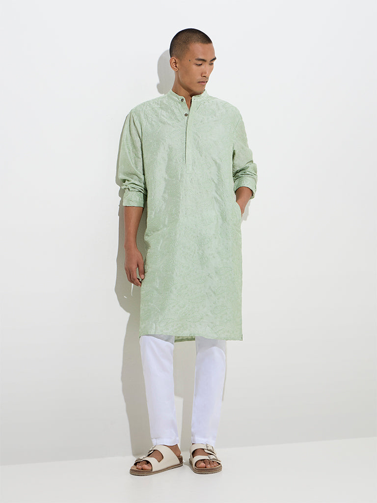 Mens Ethnicwear Sage Embroidered Relaxed-Fit Cotton Kurta