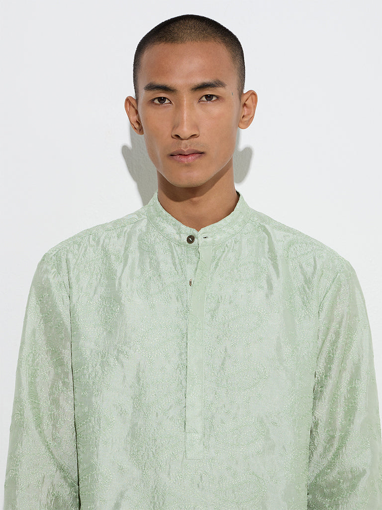 Mens Ethnicwear Sage Embroidered Relaxed-Fit Cotton Kurta - Image 3