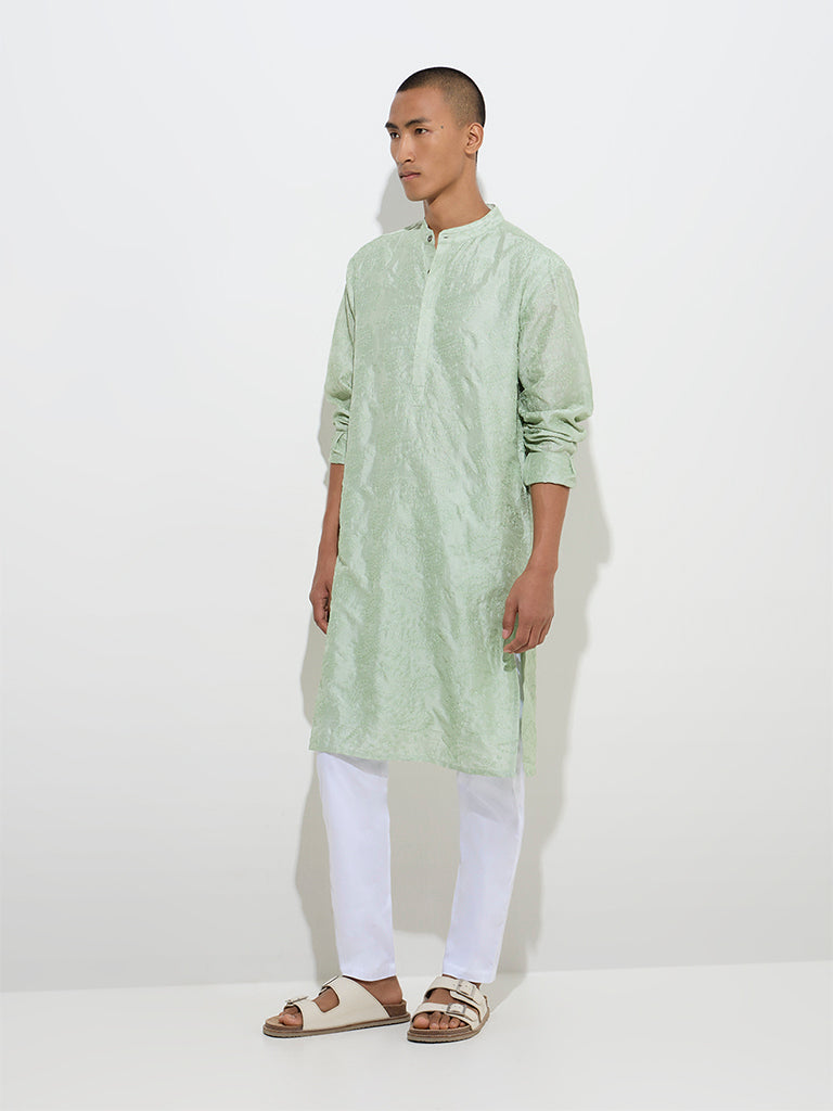 Mens Ethnicwear Sage Embroidered Relaxed-Fit Cotton Kurta - Image 4