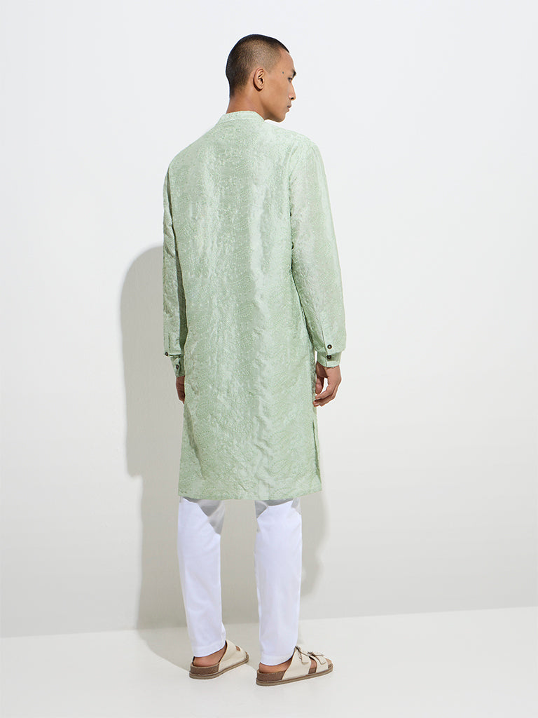 Mens Ethnicwear Sage Embroidered Relaxed-Fit Cotton Kurta - Image 5