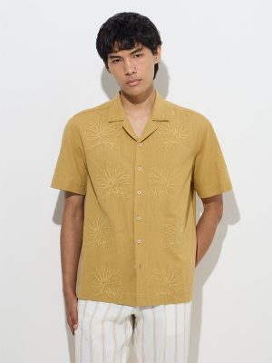 ETA Mustard Floral Embroidered Relaxed-Fit Cotton Shirt