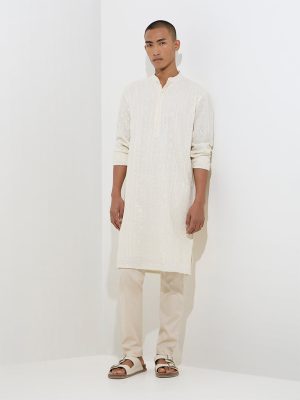 Mens Ethnicwear Light Beige Relaxed-Fit Cotton Kurta