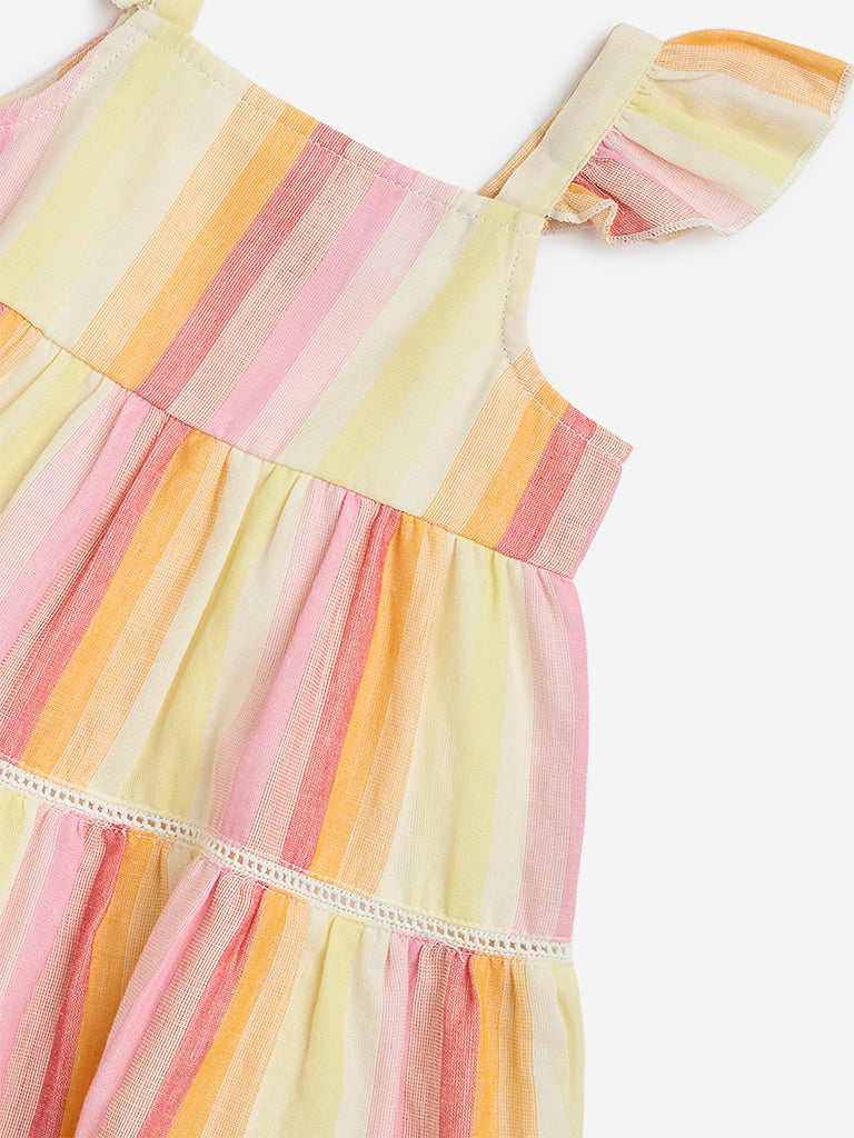 HOP Kids Multicolour Striped Tiered Cotton Dress - Image 3
