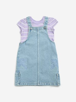 HOP Kids Lilac Striped Denim Pinafore and T-Shirt