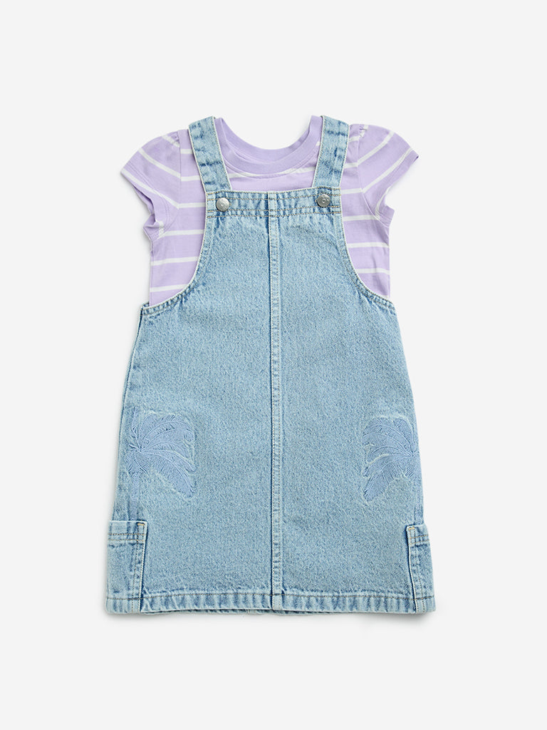 HOP Kids Lilac Striped Denim Pinafore and T-Shirt