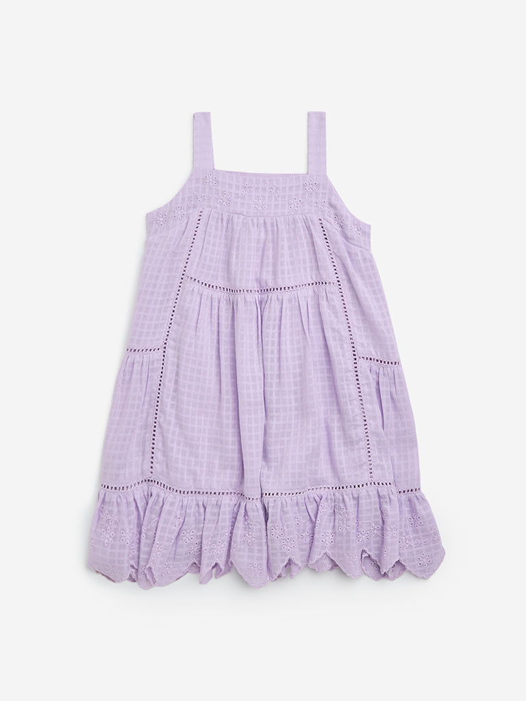 HOP Kids Lilac Embroidered Cotton A-Line Dress