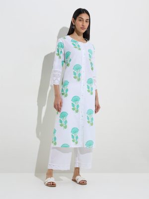 Utsa Aqua Floral Pattern A-Line Cotton-Blend Kurta