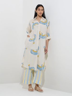 Utsa Beige Bird Printed A-Line Cotton Kurta