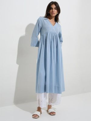 Utsa Blue Cotton A-Line Kurta