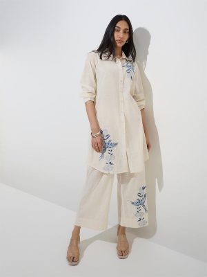 Utsa Off-White Nature-Inspired A-Line Cotton Kurta