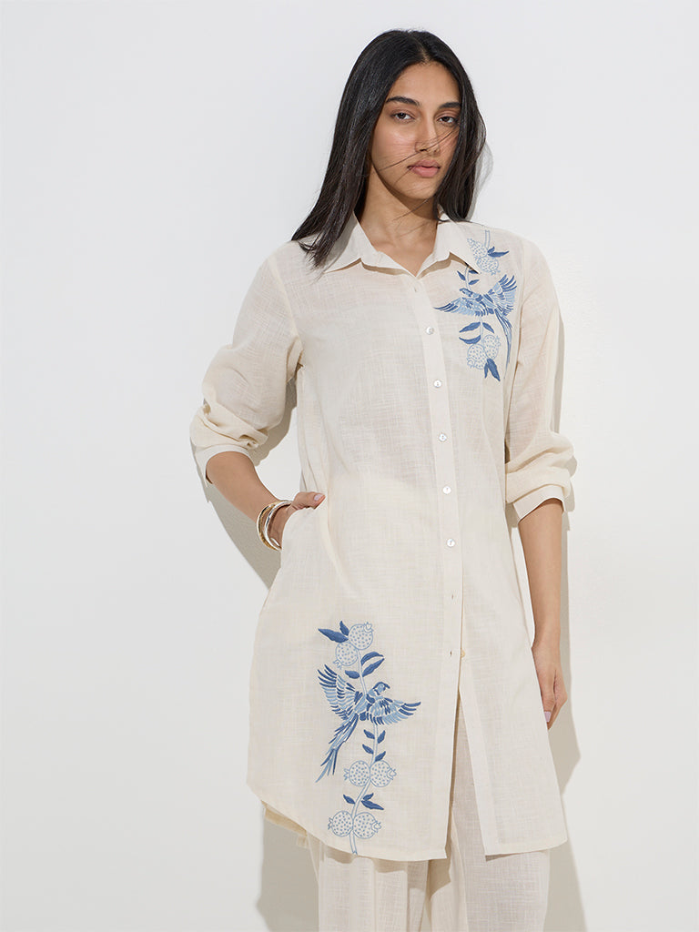 Utsa Off-White Nature-Inspired A-Line Cotton Kurta - Image 3