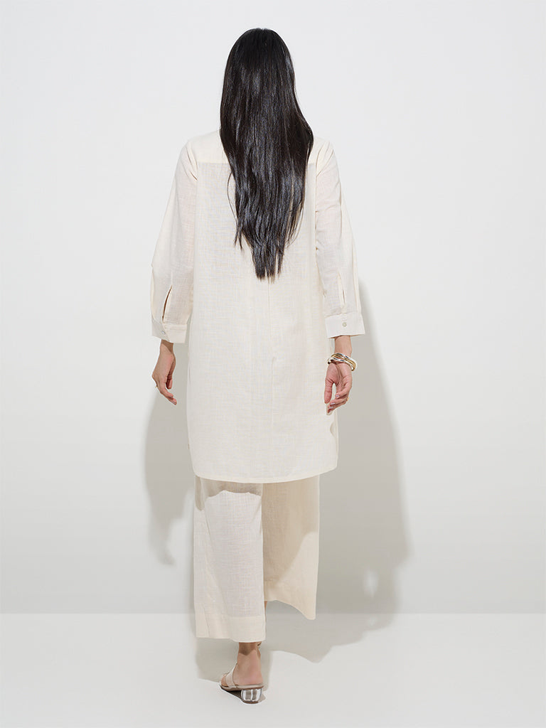 Utsa Off-White Nature-Inspired A-Line Cotton Kurta - Image 4