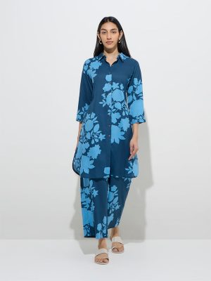 Utsa Indigo Floral Printed A-Line Kurta