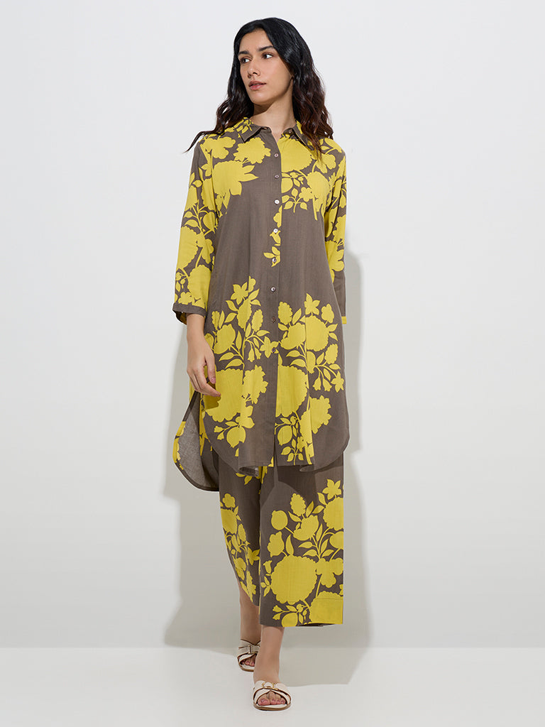 Utsa Mustard Floral Printed A-Line Kurta