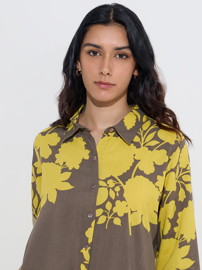 Utsa Mustard Floral Printed A-Line Kurta - Image 2