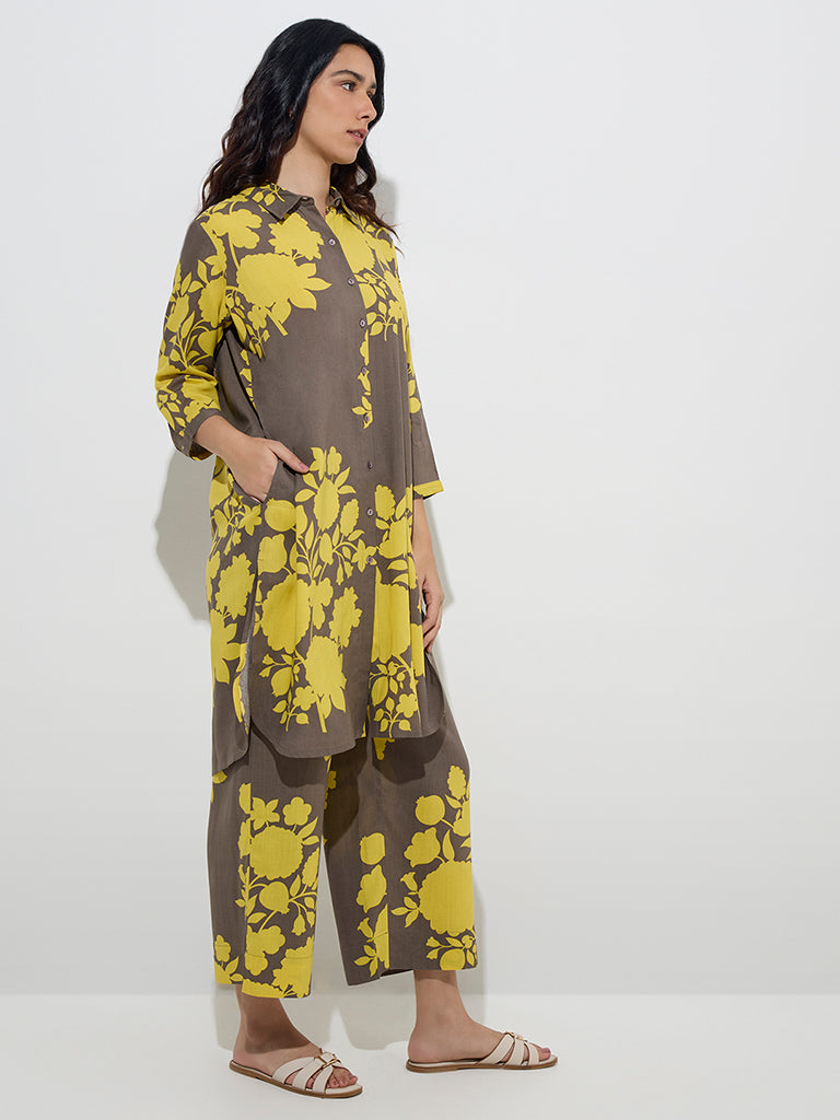 Utsa Mustard Floral Printed A-Line Kurta - Image 3