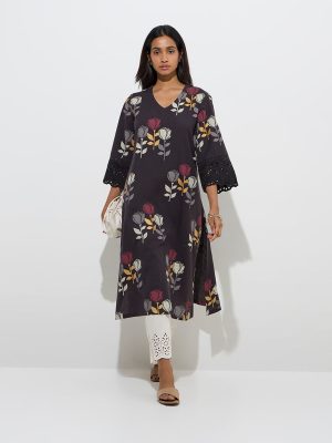 Utsa Charcoal Floral Design A-Line Cotton-Blend Kurta